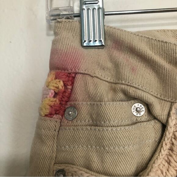 Free People Crochet Zuri Mom Jeans Straight Leg Ultra High Waist Tan Denim Pants - Picture 7 of 13